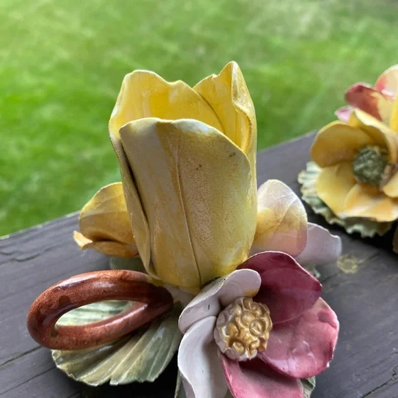 Pair of Vintage Ceramic Flower Candle Holders - Yellow and Pink - Picture 3 of 5